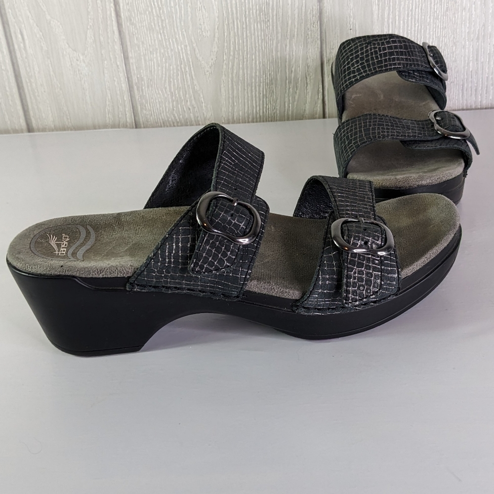 Dansko Black Croc-Texture Two-Strap Sandal